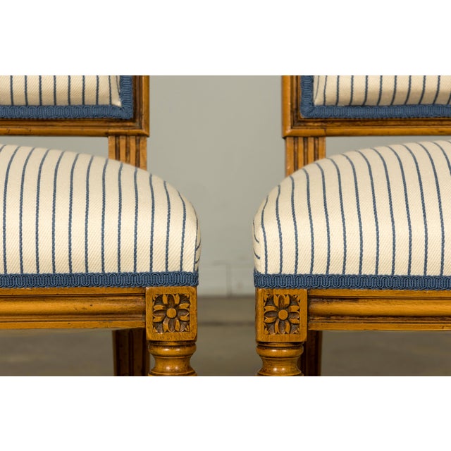 Set of Eight Late 19th Century French Louis XVI Style Dining Chairs in Blue Stripe For Sale - Image 12 of 18