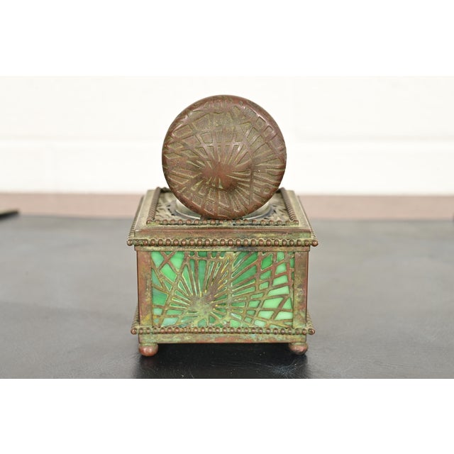 Tiffany Studios New York Pine Needle Bronze and Favrile Slag Glass Inkwell, Circa 1910 For Sale - Image 9 of 13