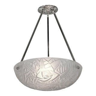 French Art Deco Pendant Light by Noverdy 1930s - Floral Frosted Glass & Nickeled Bronze For Sale