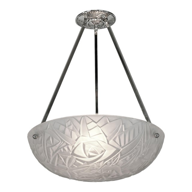 French Art Deco Pendant Light by Noverdy 1930s - Floral Frosted Glass & Nickeled Bronze For Sale