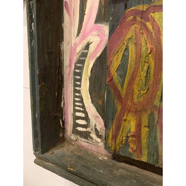 1970s Abstract Colorful Acrylic Painting on Found Wood For Sale - Image 10 of 12