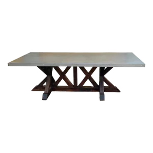 Rustic / Primitive Farm Style Dining Table W/ Zinc Top & Oak Trestle Base