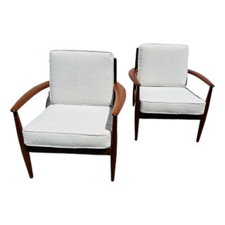 Mid 20th Century Mid Century Modern Danish Teak Lounge Chairs With New Italian Boucle Cushions by Grete Jalk for France & Daverkosen - A Pair For Sale