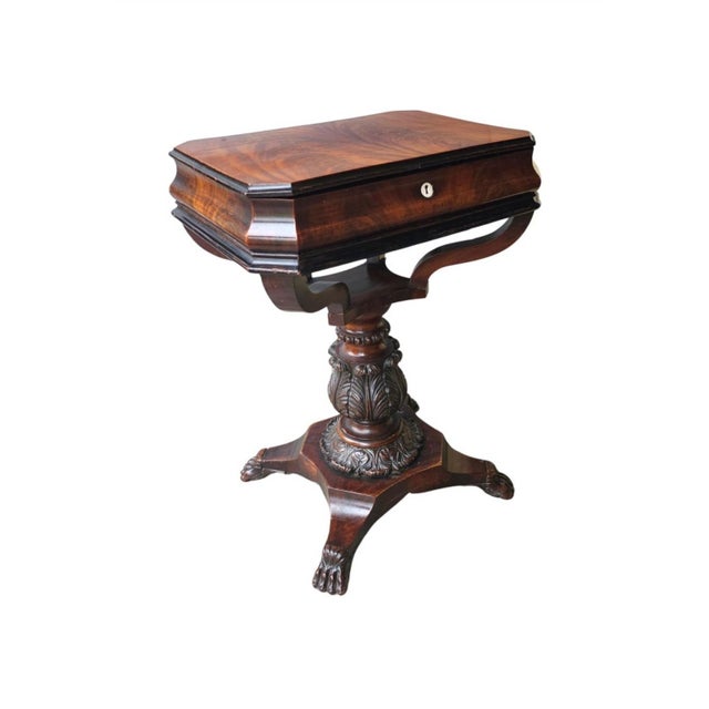 Traditional 19th C. George IV Partial Ebonized Bookmatched and Carved Mahogany Sewing Stand For Sale - Image 3 of 11