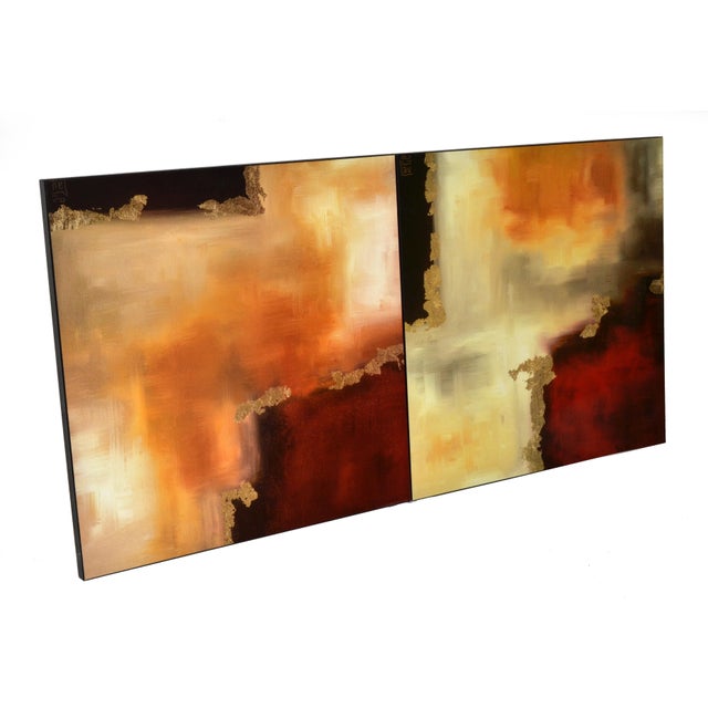 Two-Panel Abstract Contemporary Art Paintings Warm Tones Gold Accents Modern For Sale In Miami - Image 6 of 16