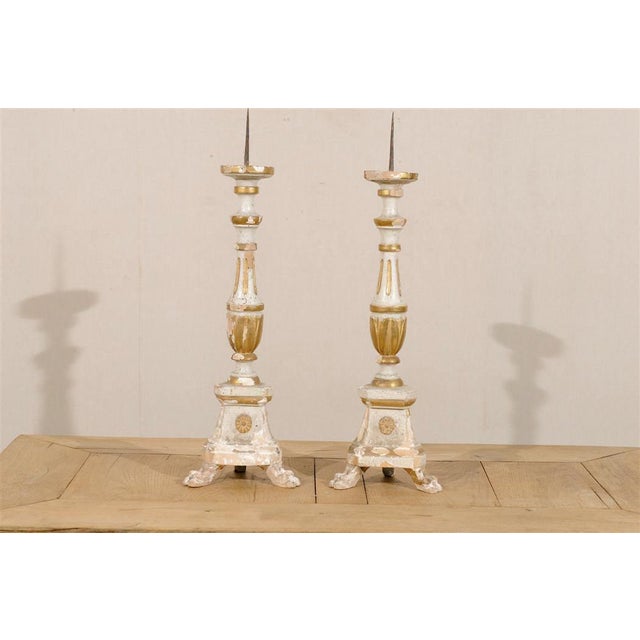 Ivory A Pair of Italian 19th Century Painted and Gilded Candlesticks on Tripod Feet For Sale - Image 8 of 8