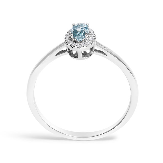 10K White Gold 5X3MM Oval Blue Aquamarine and Diamond Accent Halo Ring (I-J Color, I1-I2 Clarity) - Ring Size 8 For Sale In New York - Image 6 of 7