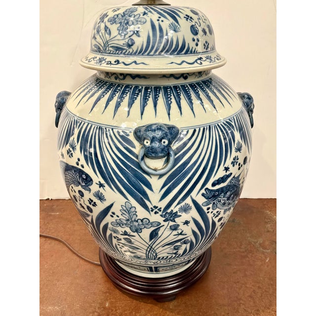 2010s Large Porcelain Jar Lamp Blue & White Glaze. For Sale - Image 5 of 7
