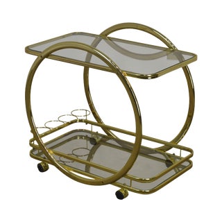 Milo Baughman Style Brass & Glass Serving Bar Cart For Sale