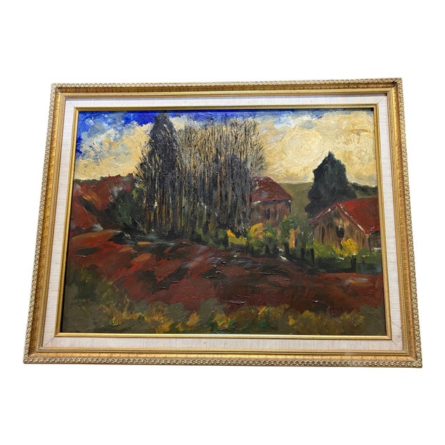 Vintage Acrylic Landscape Painting on Canvas Framed 28" W For Sale