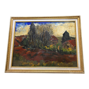Vintage Acrylic Landscape Painting on Canvas Framed 28" W