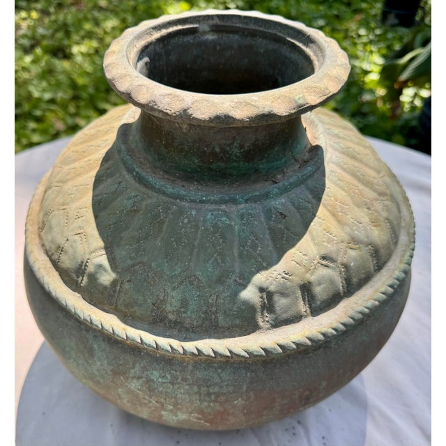 Large Vintage Metal Water Jug / Vessel With Hand Tooled Designs and Amazing Patina From India For Sale - Image 11 of 12