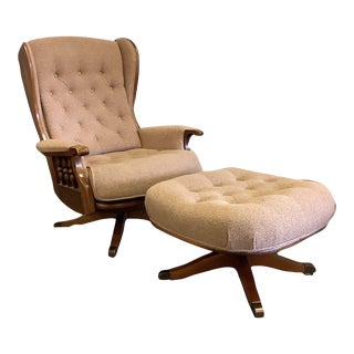 Mid-Century Tan Boucle and Maple Chair & Ottoman in the Manner of Hans Wegner. For Sale