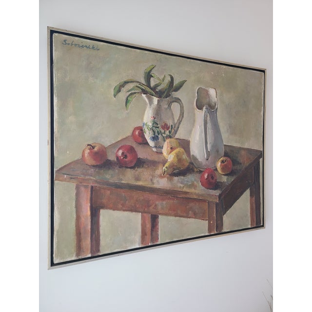 Vintage Moody Still-Life Oil Painting Apples & Pears on a Farmhouse Table- For Sale - Image 9 of 14