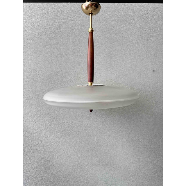 White Pendant Lamp in Brass and Teak with Frosted Glass, Italy, 1980s For Sale - Image 8 of 18