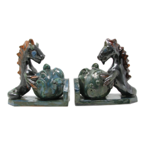 Antique Wiener Werkstatte Vienna Austria Style Pottery Seahorse Bookends - A Pair