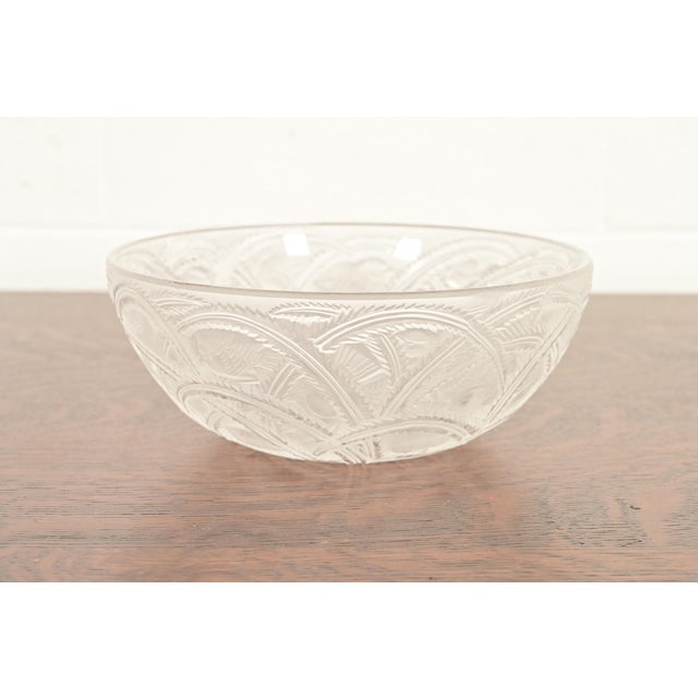 A gorgeous Art Deco or Art Nouveau bowl featuring small finches nestled among arched, serrated leaves and fern fronds in a...