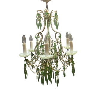 Opaline Glass Beaded Chandelier in Pastel Blue and Green Crystal Drops, 1950s For Sale