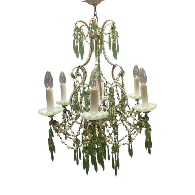 Opaline Glass Beaded Chandelier in Pastel Blue and Green Crystal Drops, 1950s For Sale