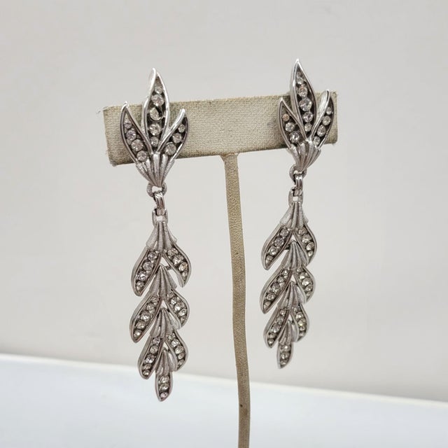 Metal Vintage Signed Crown Trifari Rhodium Plated Clear Rhinestone Chandelier Clip Earrings - 2 Pieces For Sale - Image 7 of 7