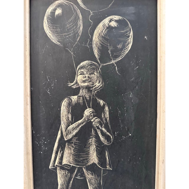 This charming scratchboard piece by Jean Henrikson features a whimsical figure holding balloons, rendered in delicate...
