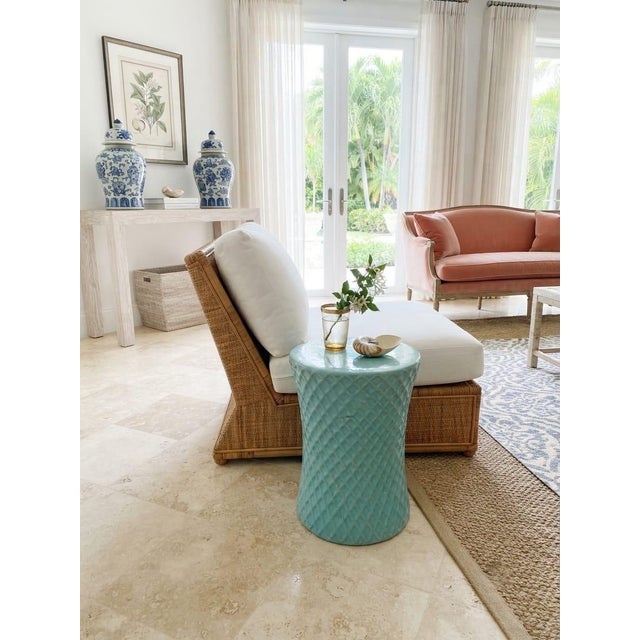 Vintage Turquoise Glazed Ceramic Quilted Lattice Garden Stool & Accent Table For Sale In West Palm - Image 6 of 12