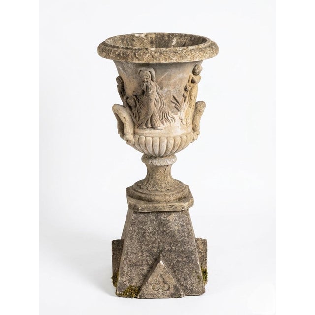 1990s Neo-Classical Style Cast Stone Garden Urn on Pedestal With Bacchanalian Relief For Sale - Image 5 of 10