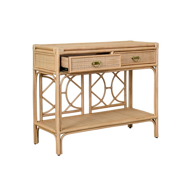 Worlds Away Matthew Izzo Home - Gideon Natural Rattan Tow Drawer Console Table With Decorative Back For Sale - Image 4 of 8