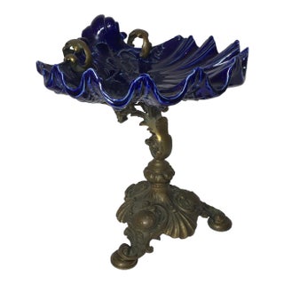 Bleu Cobalt Porcelain Plate on Bronze Base For Sale