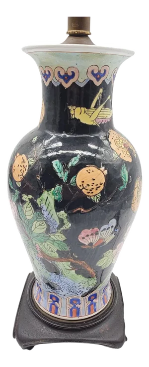 Vintage Chinese Famille Noir Hand Painted Porcelain Lamp With Birds and Peony Motif