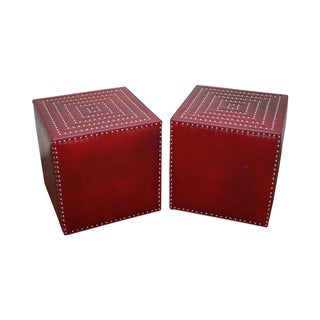 Lee Industries Red Leather Cube Ottomans - A Pair For Sale