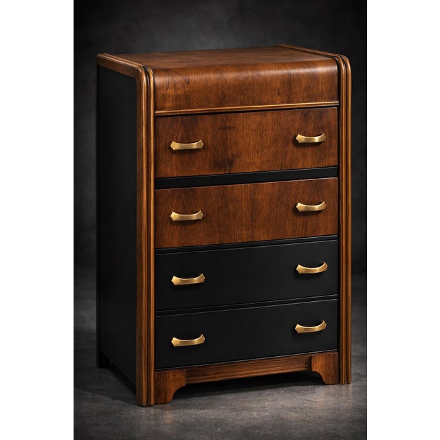 Early 20th Century Art Deco Waterfall Designer Accent Chest in Satin Walnut With Two-Tone Black Panels and Original Deco Brass Pulls For Sale In Los Angeles - Image 6 of 11
