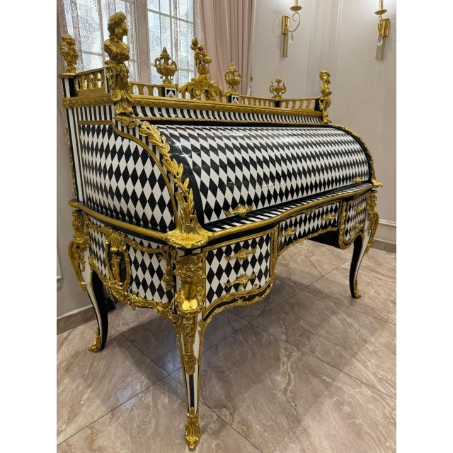 1960s Unique Louis XV Style Harlequin Roll-Top secretary Gilded French Baroque Writing Desk For Sale - Image 4 of 9