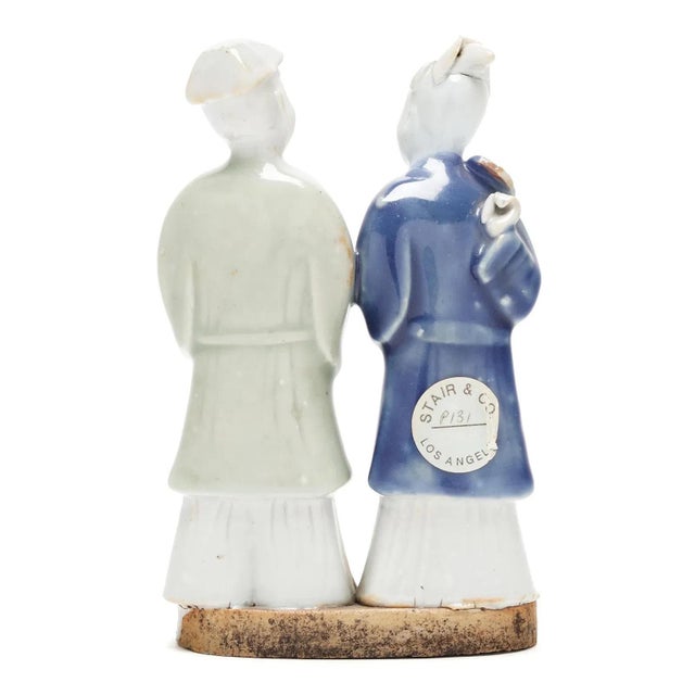 Blue Antique 18th Century Chinese Export Porcelain Blue & White & Celadon Qianlong Double Figure of a Couple For Sale - Image 8 of 11