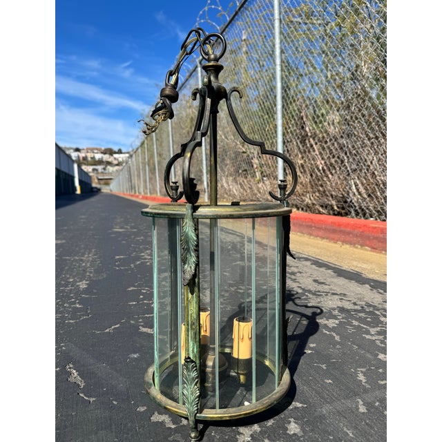 1950s 1950s 3-Light Brass & Belved Glass Cylinder Foyer Chandelier / Lantern For Sale - Image 5 of 12