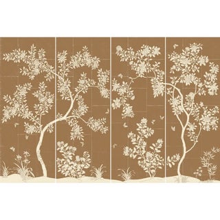 W36"* H96" *4ps, Caramel-Toned Neo-Chinese Floral & Bird Four-Panel Decorative Wallpaper, Chinoiserie Wallpaper For Sale