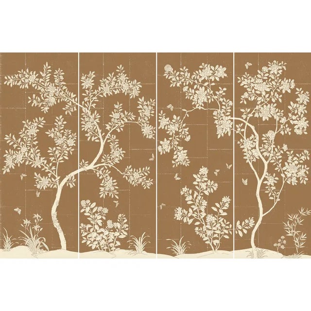 Chinoiserie W36"* H96" *4ps, Caramel-Toned Neo-Chinese Floral & Bird Four-Panel Decorative Wallpaper, Chinoiserie Wallpaper For Sale - Image 3 of 12