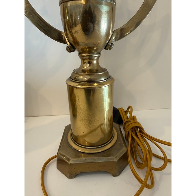 Pair of Vintage English Brass Trophy Form Winged Urn Lamps For Sale - Image 12 of 16
