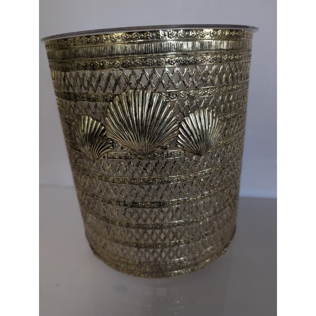 Hollywood Regency Gold Metal Filigree Wastebasket Sea Shell Feet For Sale - Image 9 of 10