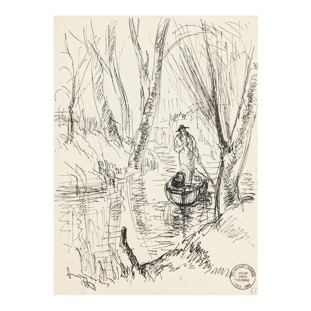 Boatman - Original Pen Drawing by S. Goldberg - Mid 20th Century Mid 20th Century For Sale