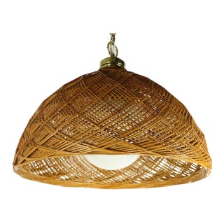 1970s Woven Wicker Bamboo Hanging Dome Chandelier For Sale