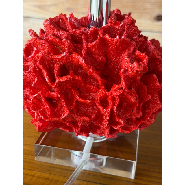 Coastal Pair of Red Faux Coral Table Lamps on Clear Acrylic Bases For Sale - Image 3 of 12