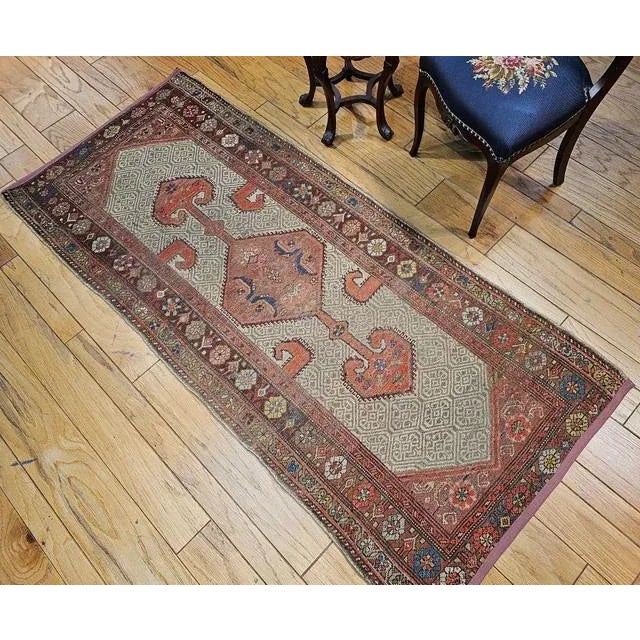 Antique Persian Malayer Rug, Handwoven Geometric Pattern, Camelhair & Burgundy, 3’ X 7’ For Sale In Chicago - Image 6 of 12