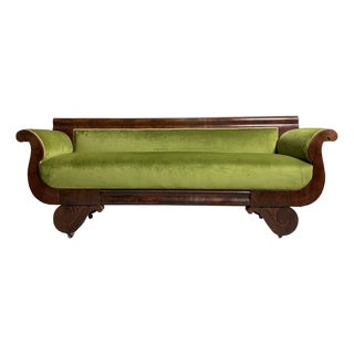 19th Century Antique Mahogany Regency Settee in Chartreuse Velvet For Sale