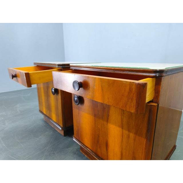 Brown Mid-Century Modern Walnut Nightstands with Glass Tops, 1950s, Set of 2 For Sale - Image 8 of 15