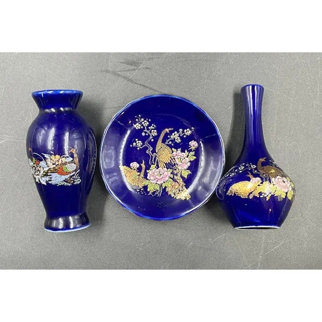Cobalt Blue Japanese Kutani 3-Piece Set For Sale - Image 16 of 18
