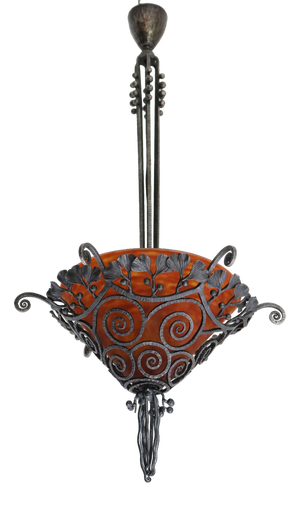 Art Deco French Glass & Wrought Iron Chandelier by Edgar Brandt & Daum Nancy, 1920s