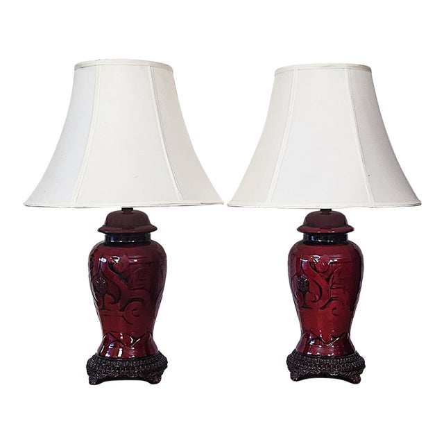 Vintage Sang De Boeuf Red Chinoiserie Ginger Jar Table Lamps - Pair For Sale