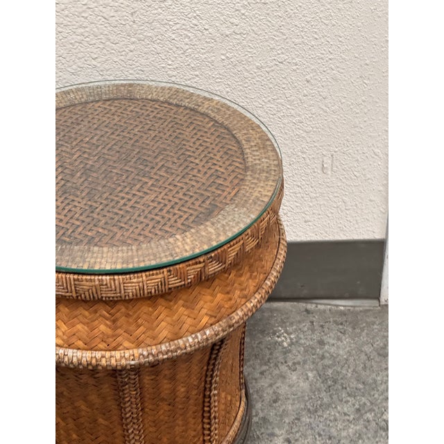 Woven Rattan Drum Side Table + Glass Top, Vintage For Sale In San Francisco - Image 6 of 12