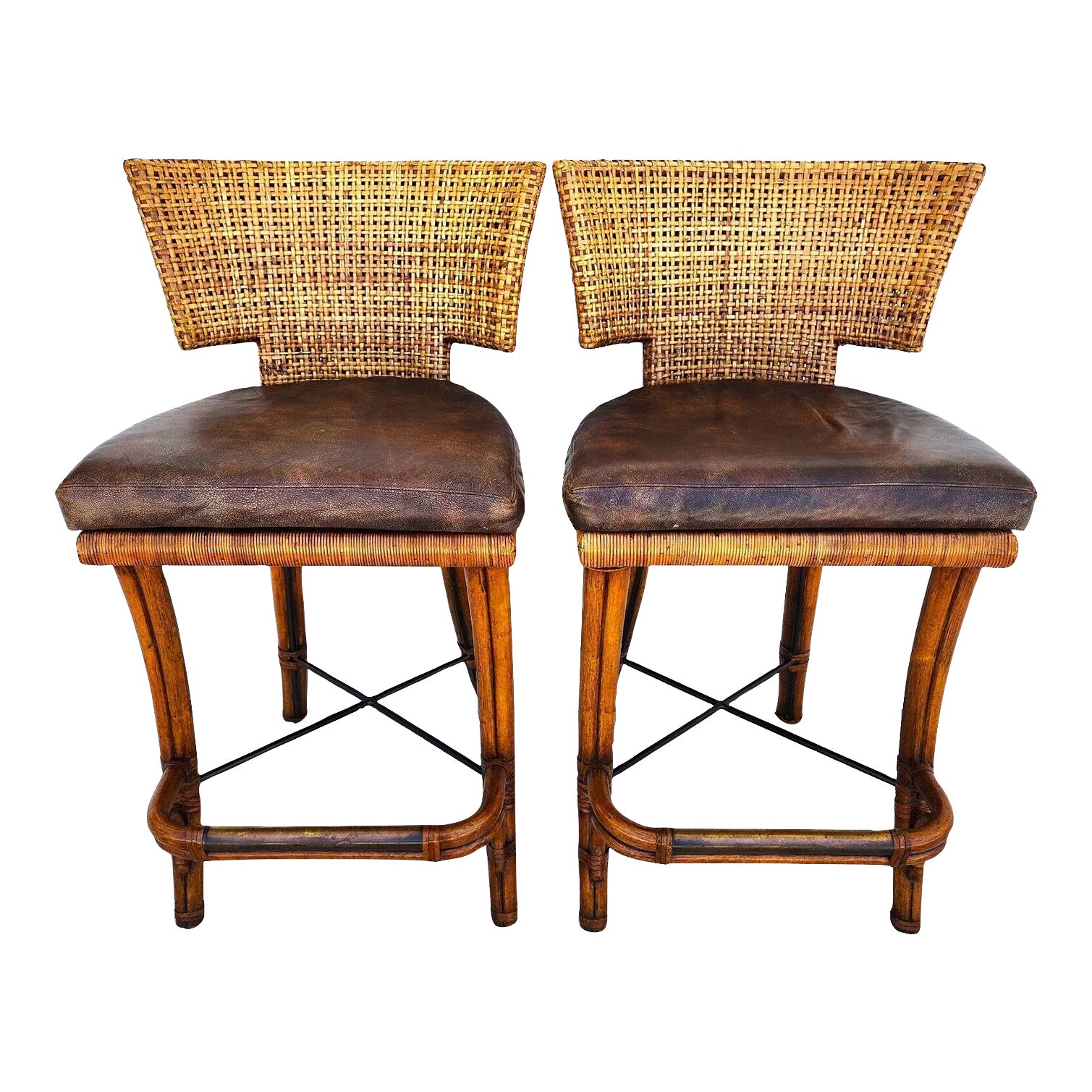 Kreiss Bamboo Barstools Leather Pair | Chairish